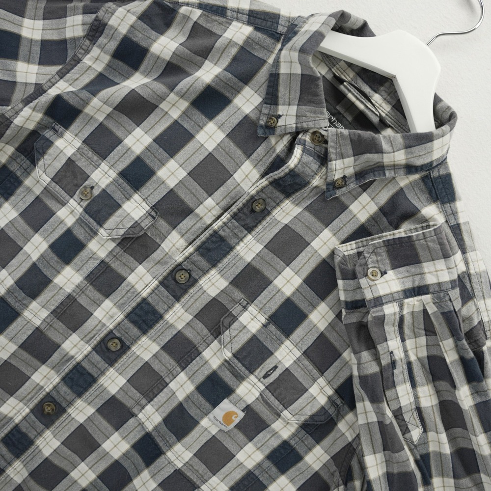 Carhartt Mens Loose Fit Plaid Button Down Shirt Navy‎ Grey 104910 L Regular